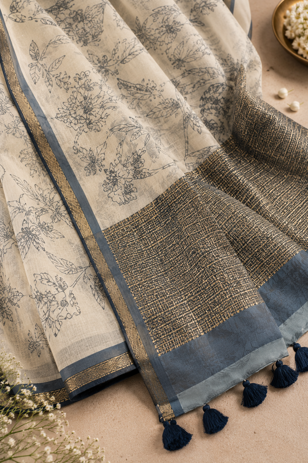 Ivory Mul Cotton Saree with Blue Floral Botanical Print