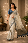 Ivory Mul Cotton Saree with Blue Floral Botanical Print