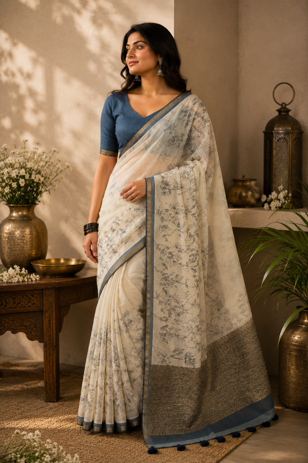 Ivory Mul Cotton Saree with Blue Floral Botanical Print