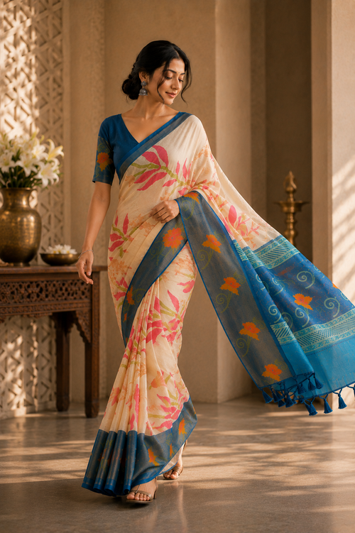 Cream Silk Saree with Blue Floral Border