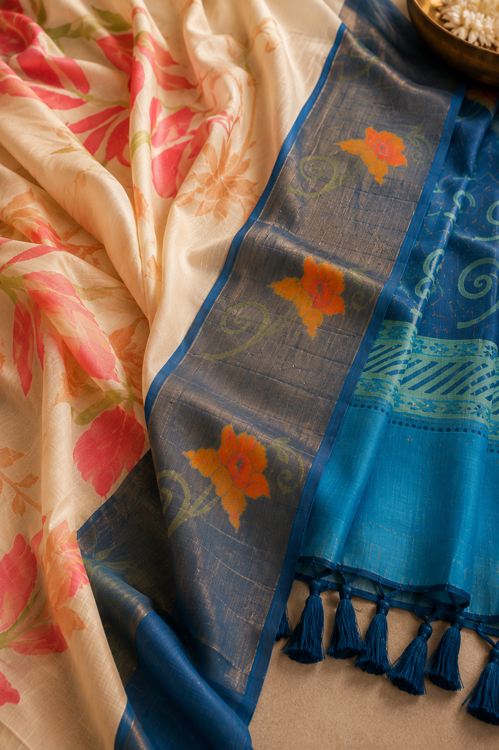 Cream Silk Saree with Blue Floral Border