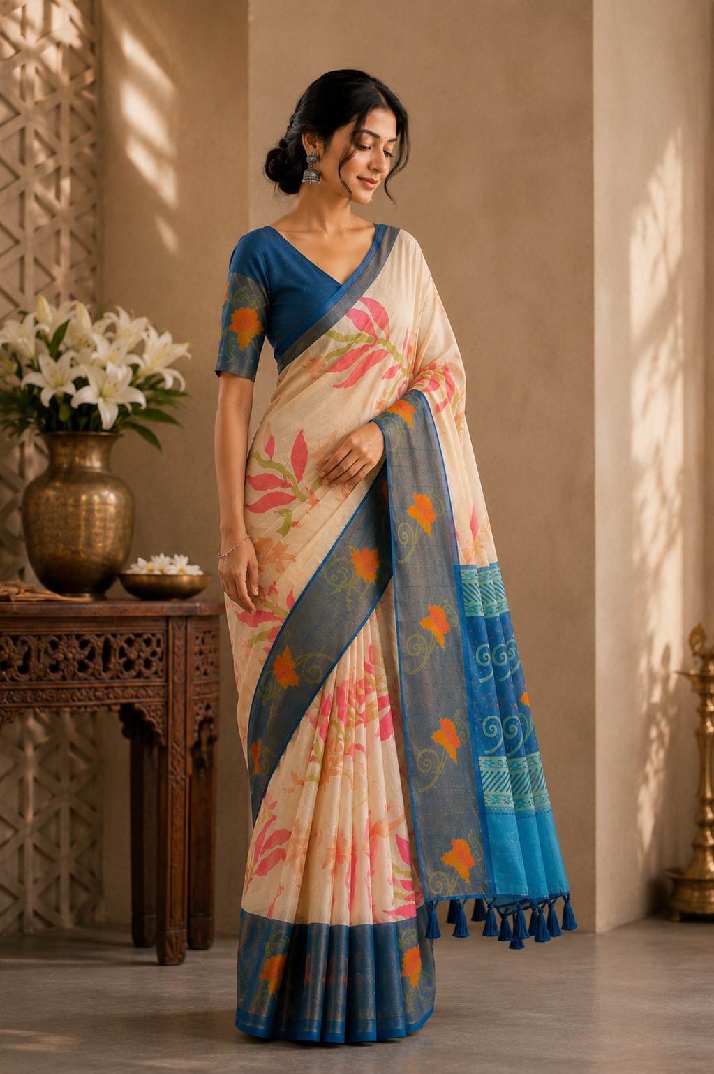 Cream Silk Saree with Blue Floral Border