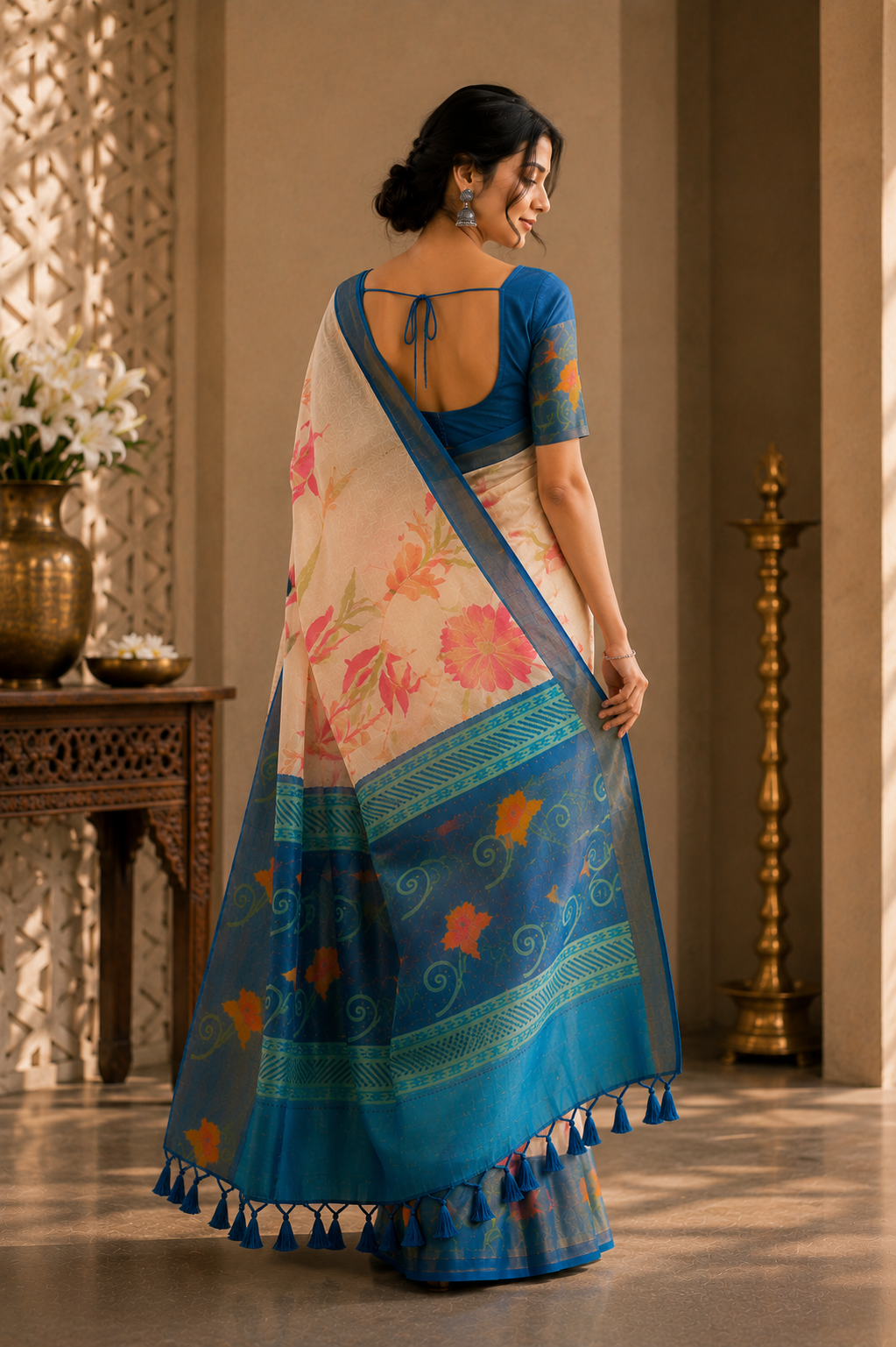 Cream Silk Saree with Blue Floral Border