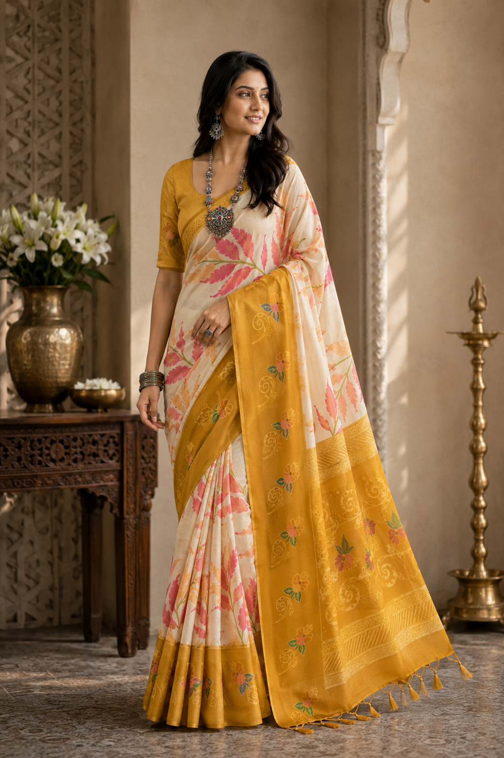 Cream Silk Saree with Mustard Yellow & Pink Floral Prints