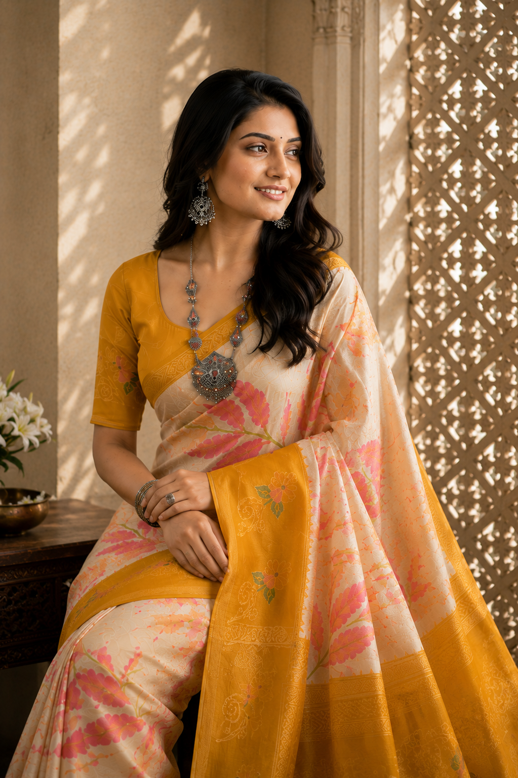 Cream Silk Saree with Mustard Yellow & Pink Floral Prints