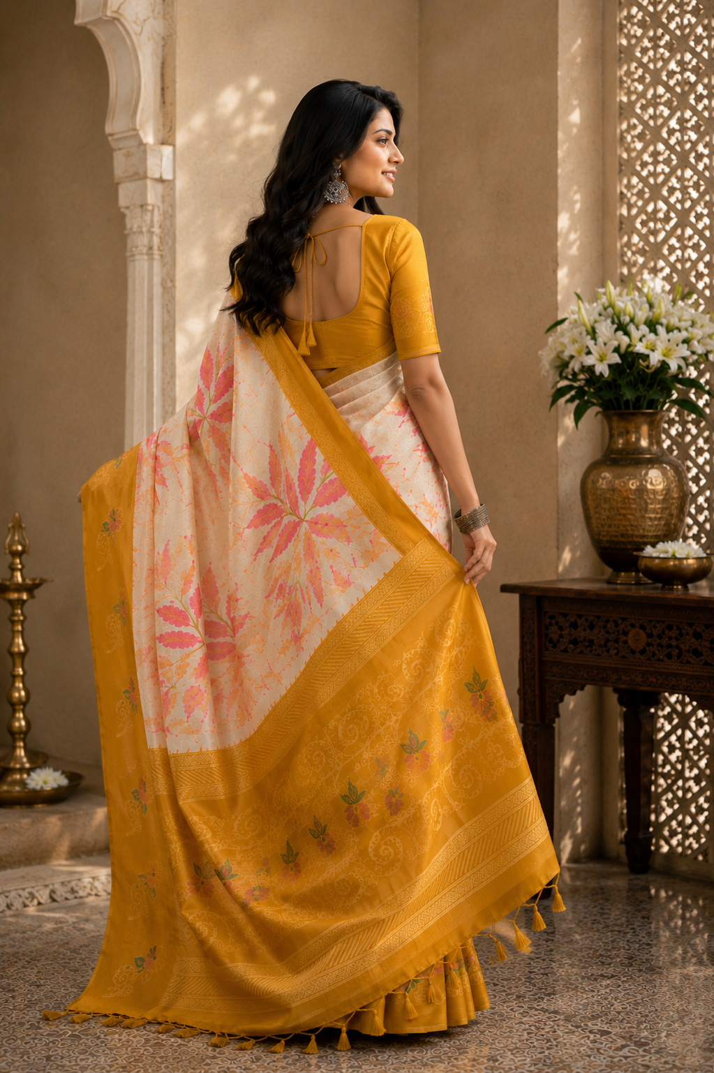 Cream Silk Saree with Mustard Yellow & Pink Floral Prints