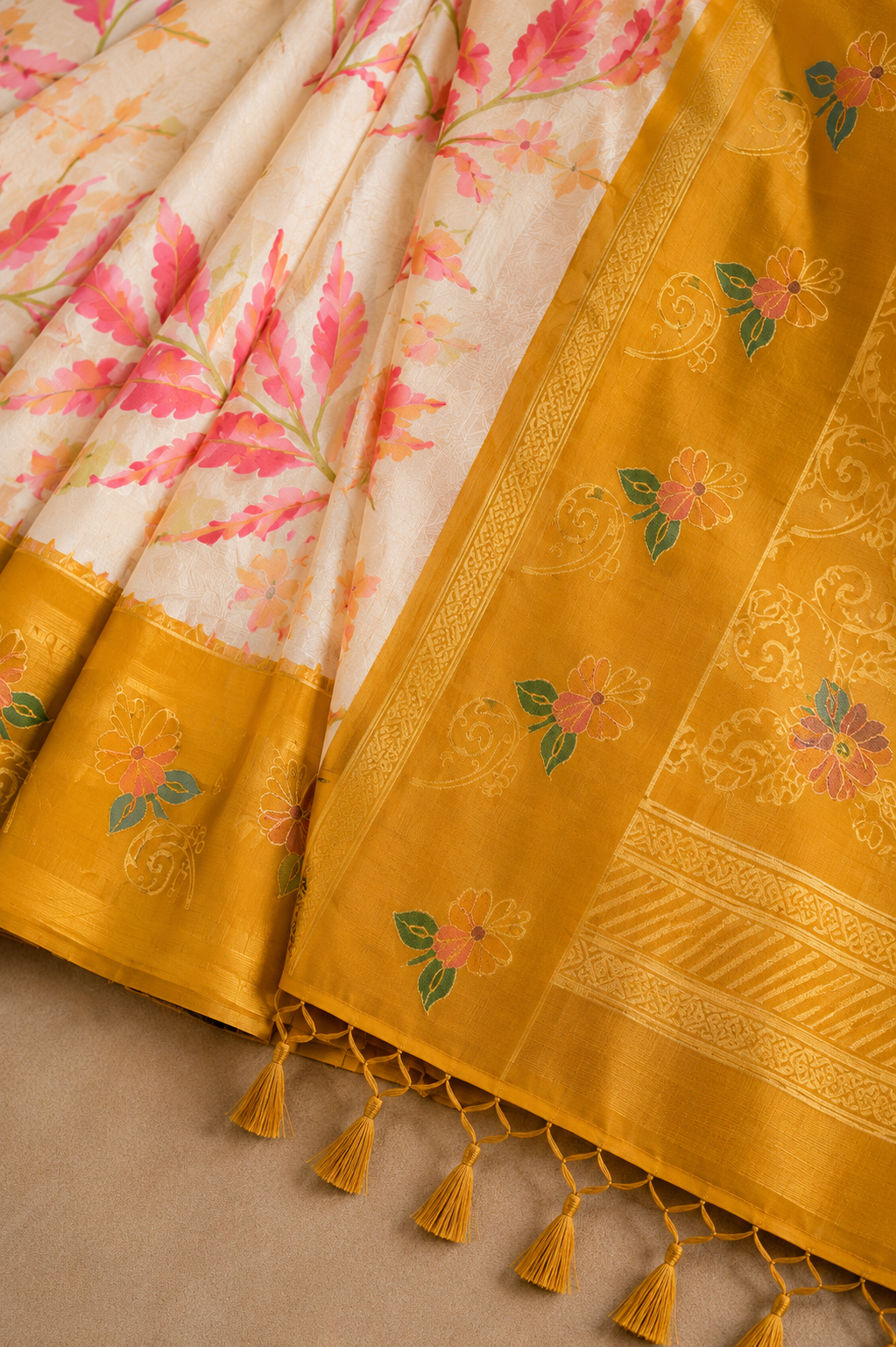 Cream Silk Saree with Mustard Yellow & Pink Floral Prints