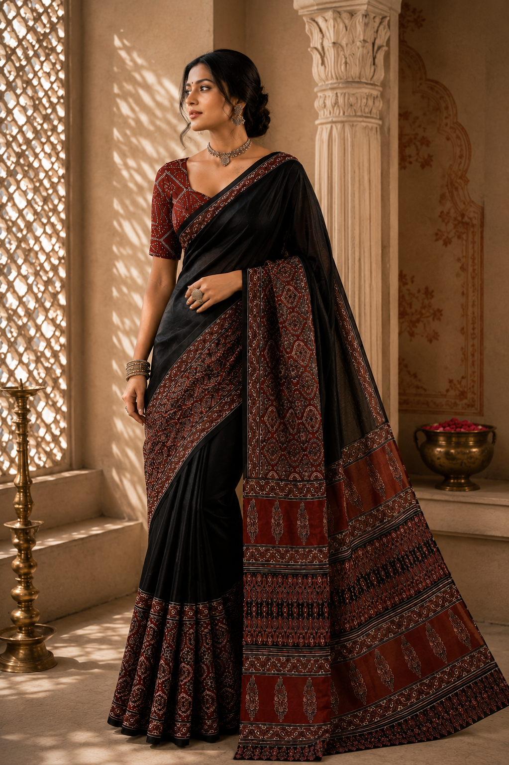 Midnight Ajrakh Silk Saree with Maroon Heritage Border