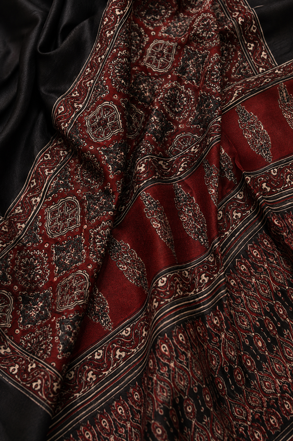 Midnight Ajrakh Silk Saree with Maroon Heritage Border