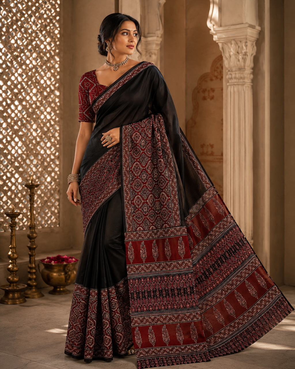 Midnight Ajrakh Silk Saree with Maroon Heritage Border