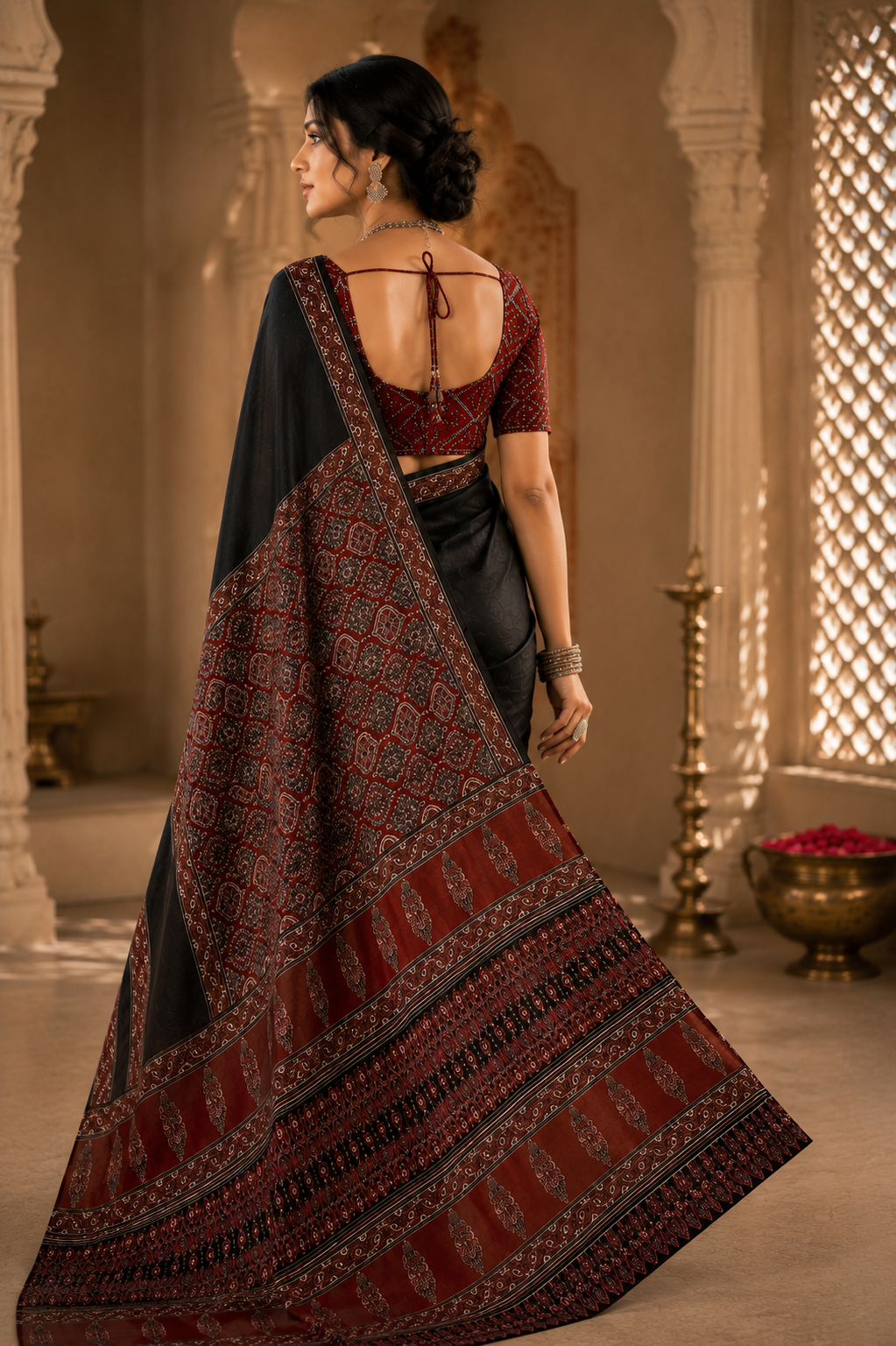 Midnight Ajrakh Silk Saree with Maroon Heritage Border