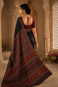 Midnight Ajrakh Silk Saree with Maroon Heritage Border