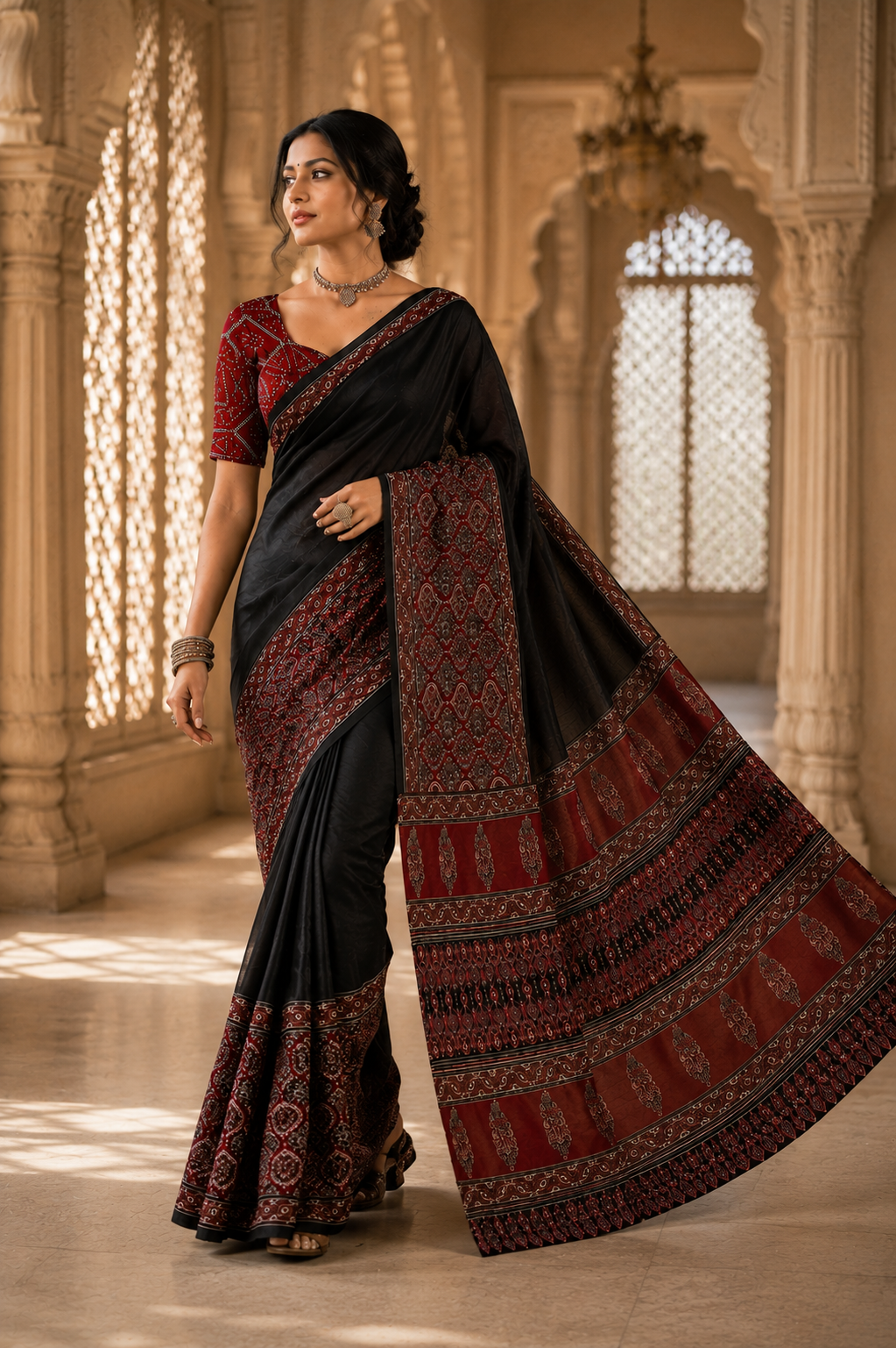 Midnight Ajrakh Silk Saree with Maroon Heritage Border
