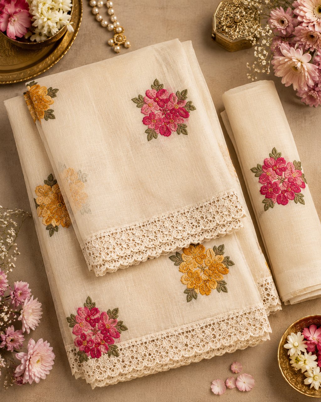 Ivory Floral Embroidered Saree with Lace Border