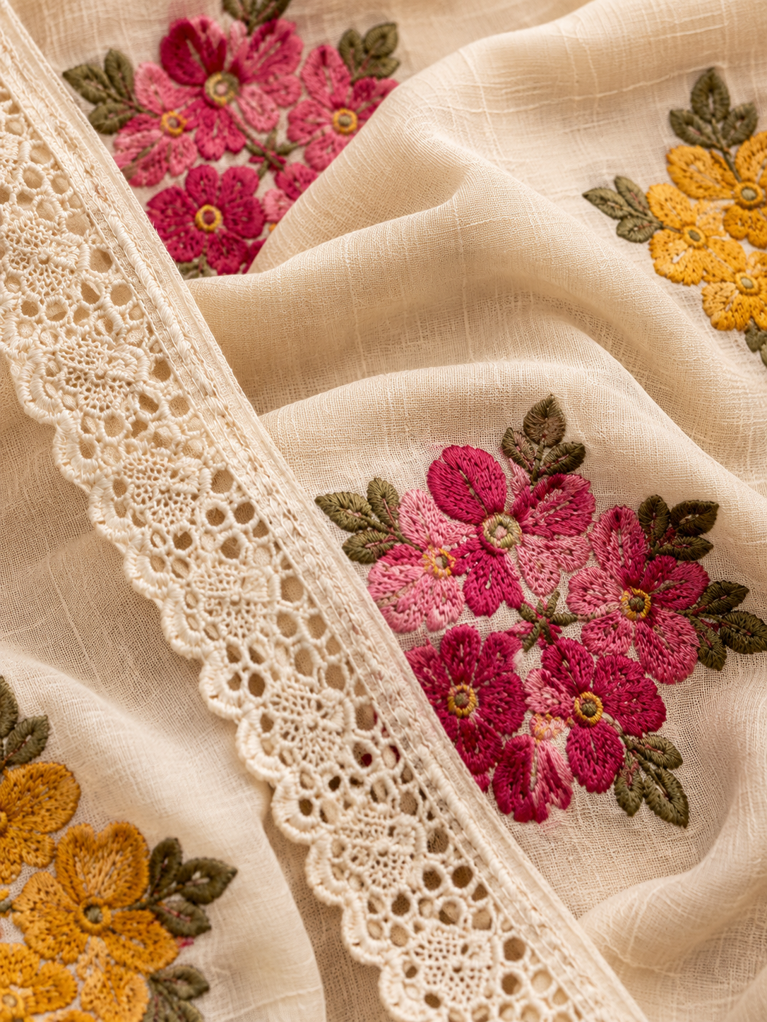 Ivory Floral Embroidered Saree with Lace Border
