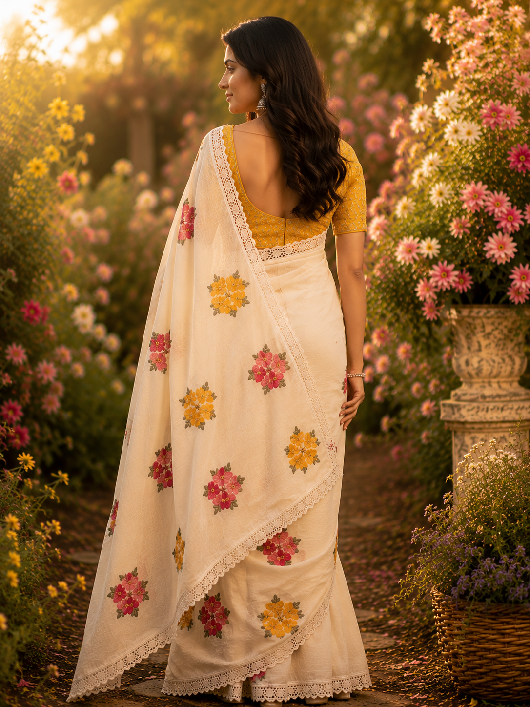 Ivory Floral Embroidered Saree with Lace Border