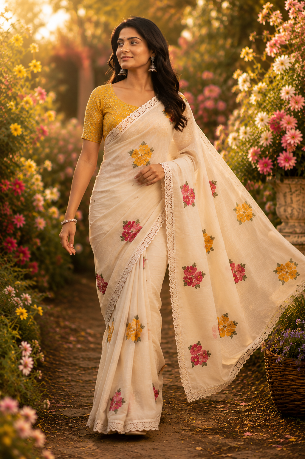 Ivory Floral Embroidered Saree with Lace Border