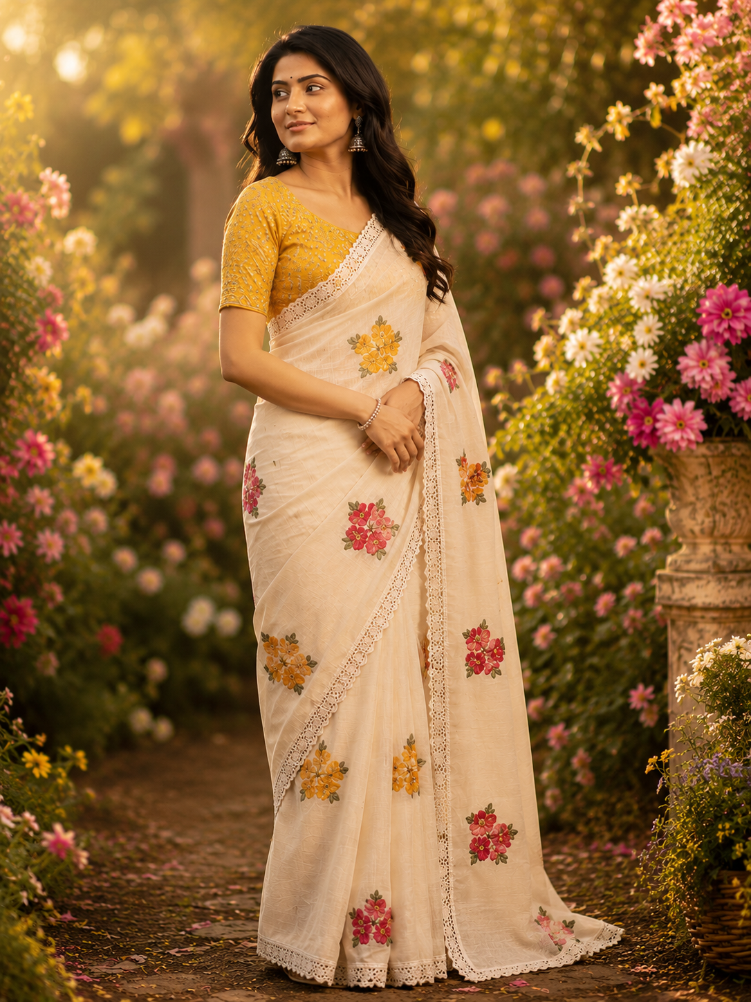 Ivory Floral Embroidered Saree with Lace Border