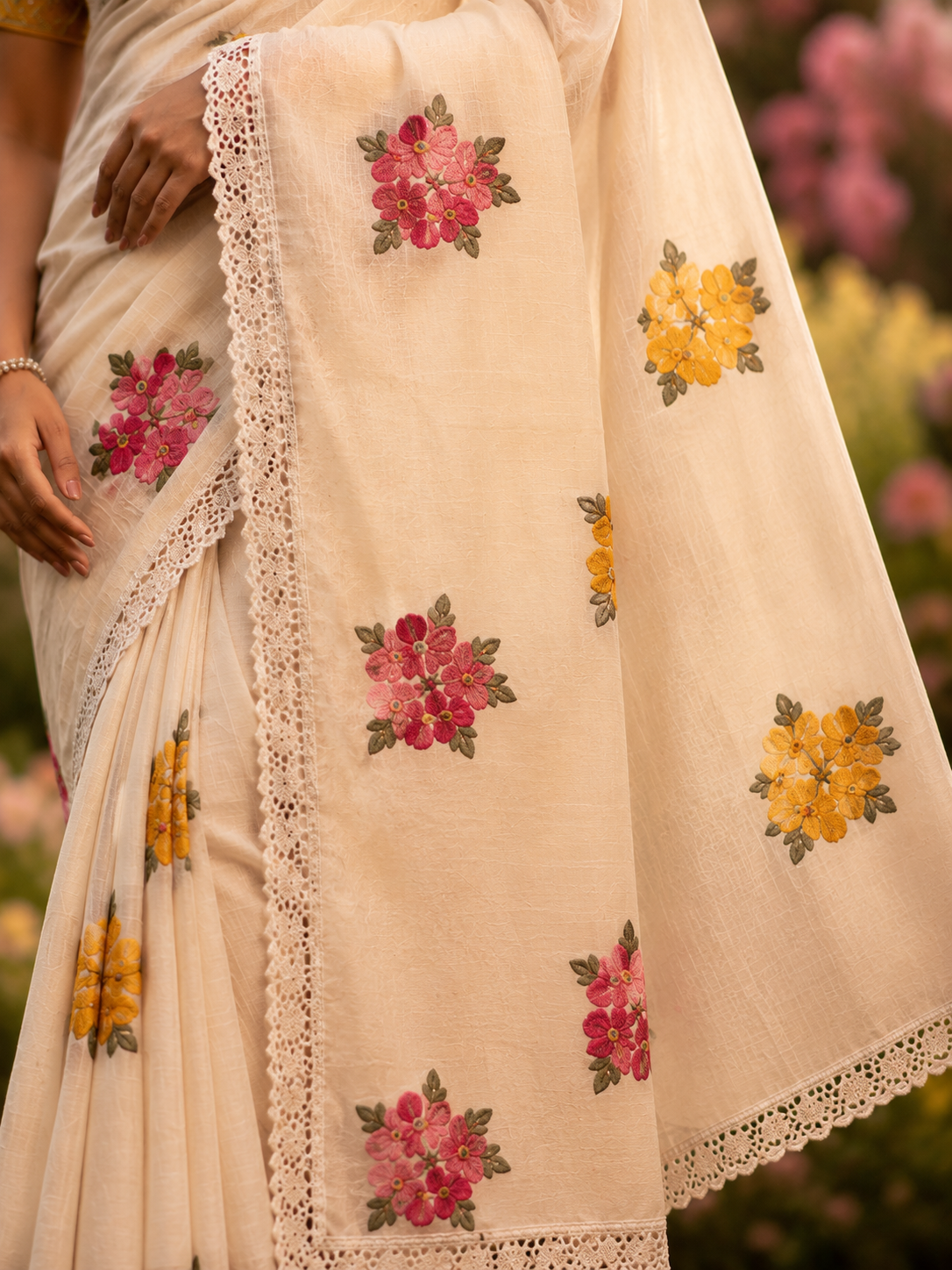 Ivory Floral Embroidered Saree with Lace Border