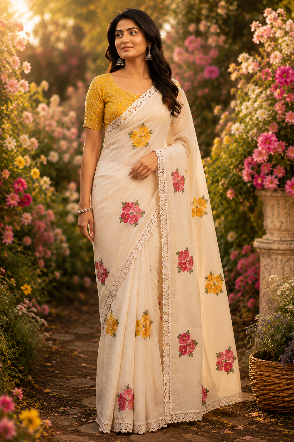 Ivory Floral Embroidered Saree with Lace Border
