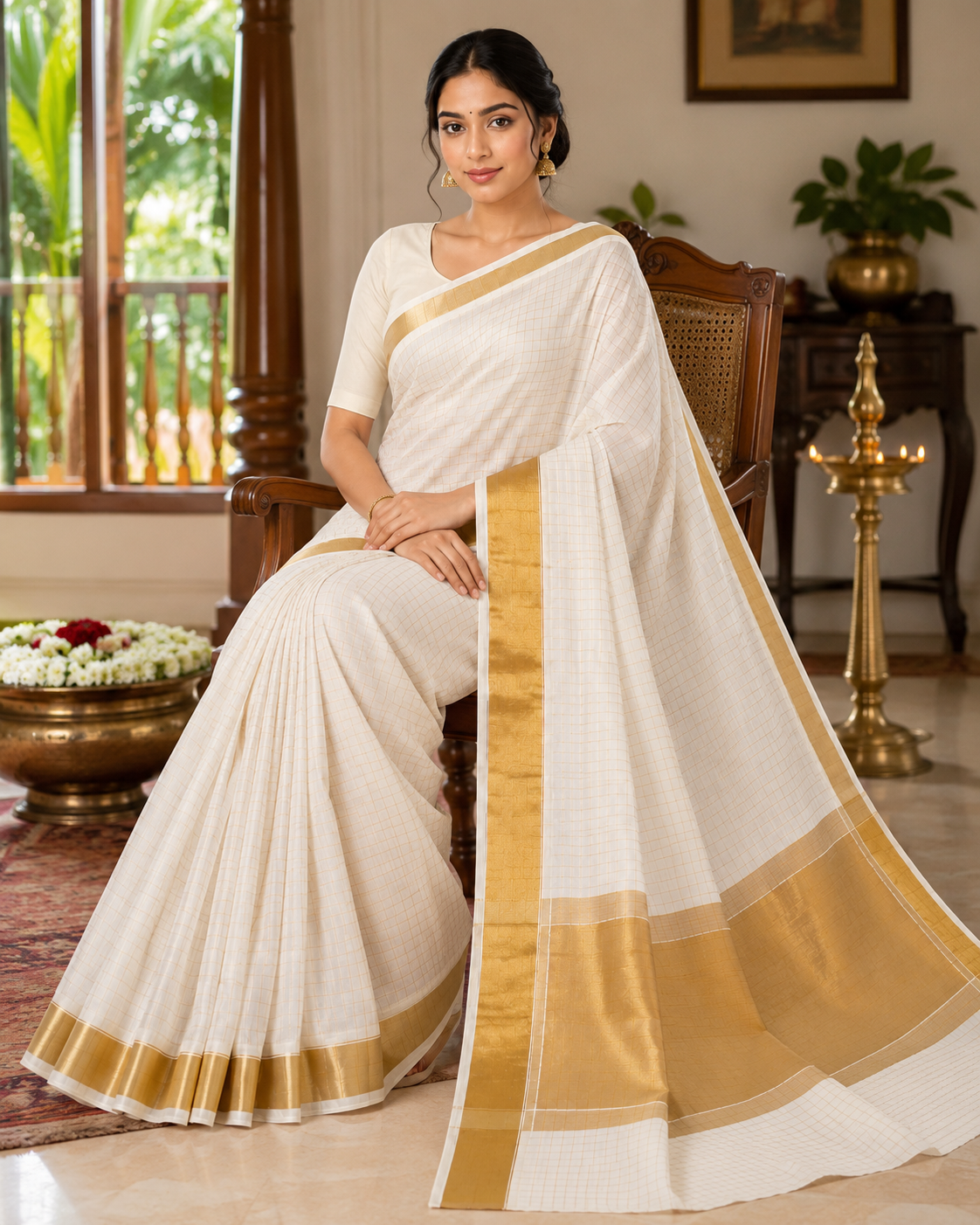 MIRA Women's Kerala Kasavu Saree with Broad Gold Zari Border | Traditional Onam Saree with Unstitched Blouse Piece