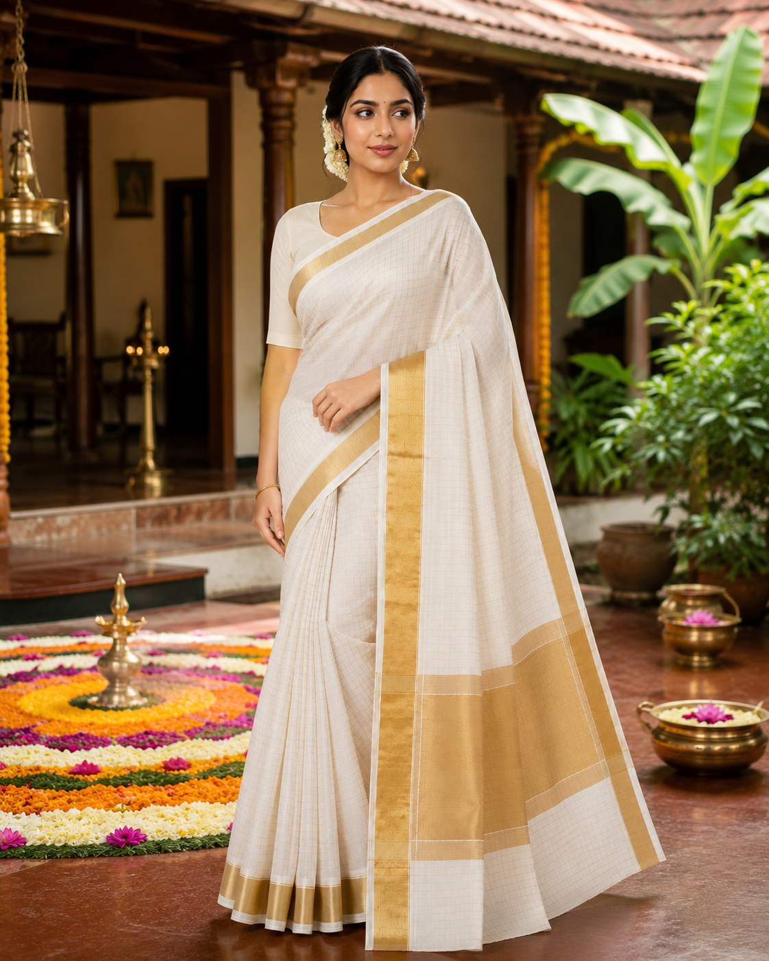 MIRA Women's Kerala Kasavu Saree with Broad Gold Zari Border | Traditional Onam Saree with Unstitched Blouse Piece