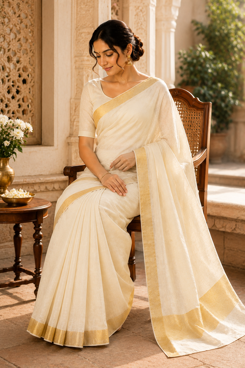 MIRA Kerala Kasavu Saree with Broad Gold Zari Border | Traditional Onam Saree with Unstitched Blouse Piece
