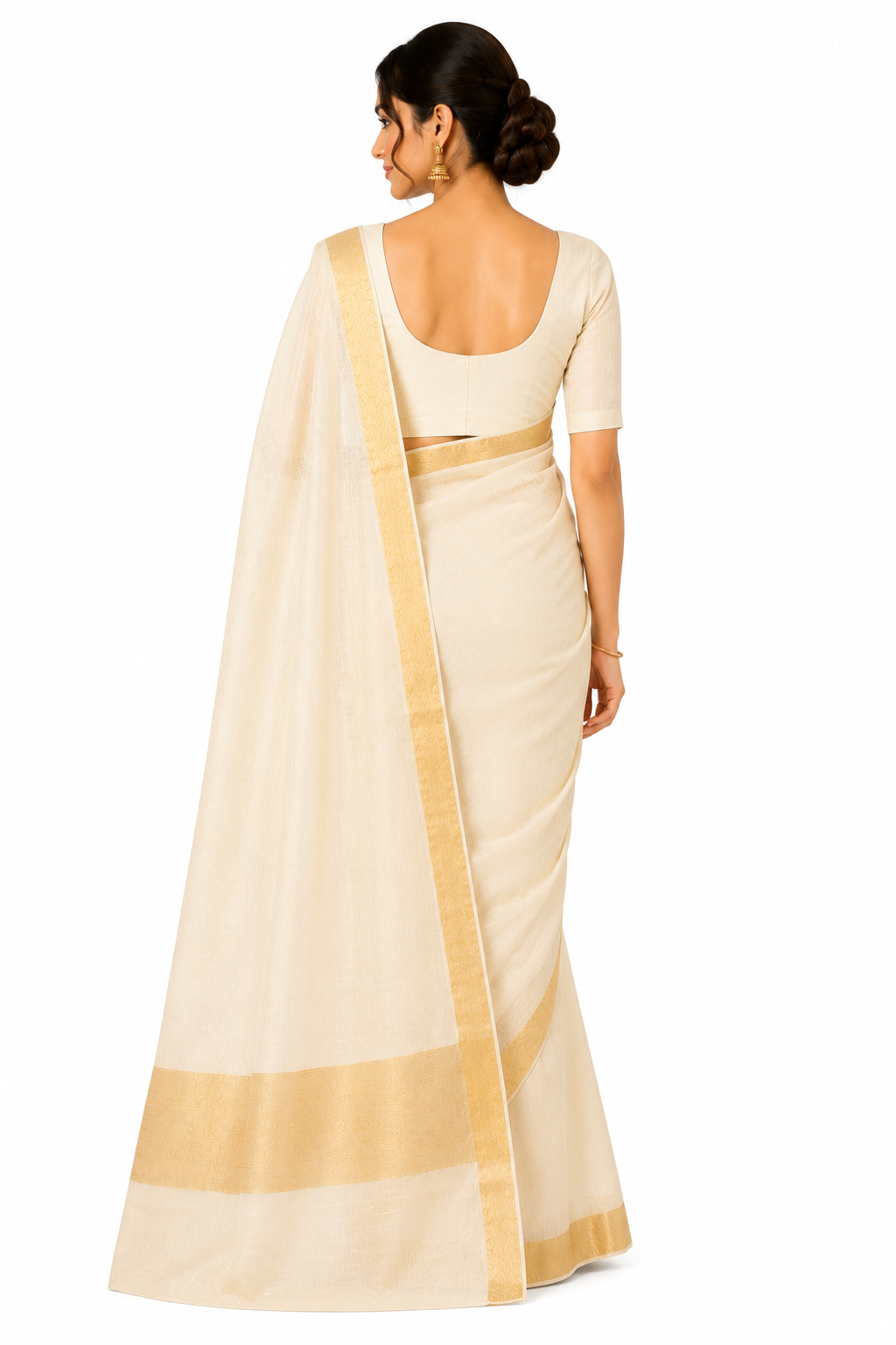 MIRA Kerala Kasavu Saree with Broad Gold Zari Border | Traditional Onam Saree with Unstitched Blouse Piece