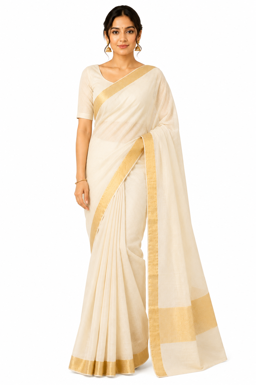 MIRA Kerala Kasavu Saree with Broad Gold Zari Border | Traditional Onam Saree with Unstitched Blouse Piece