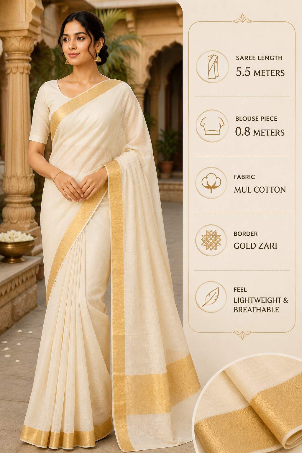 MIRA Kerala Kasavu Saree with Broad Gold Zari Border | Traditional Onam Saree with Unstitched Blouse Piece