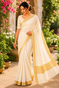 MIRA Kerala Kasavu Saree with Broad Gold Zari Border | Traditional Onam Saree with Unstitched Blouse Piece