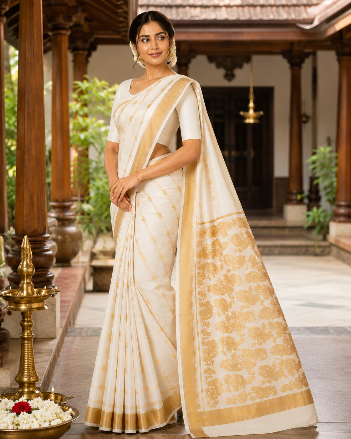 MIRA Women's Premium Cotton Silk Blend Saree | Ivory Gold Peacock Zari Pallu | Heritage Wedding Saree with Unstitched Blouse Piece