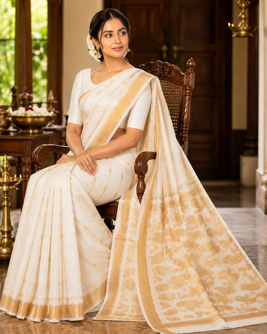MIRA Women's Premium Cotton Silk Blend Saree | Ivory Gold Peacock Zari Pallu | Heritage Wedding Saree with Unstitched Blouse Piece