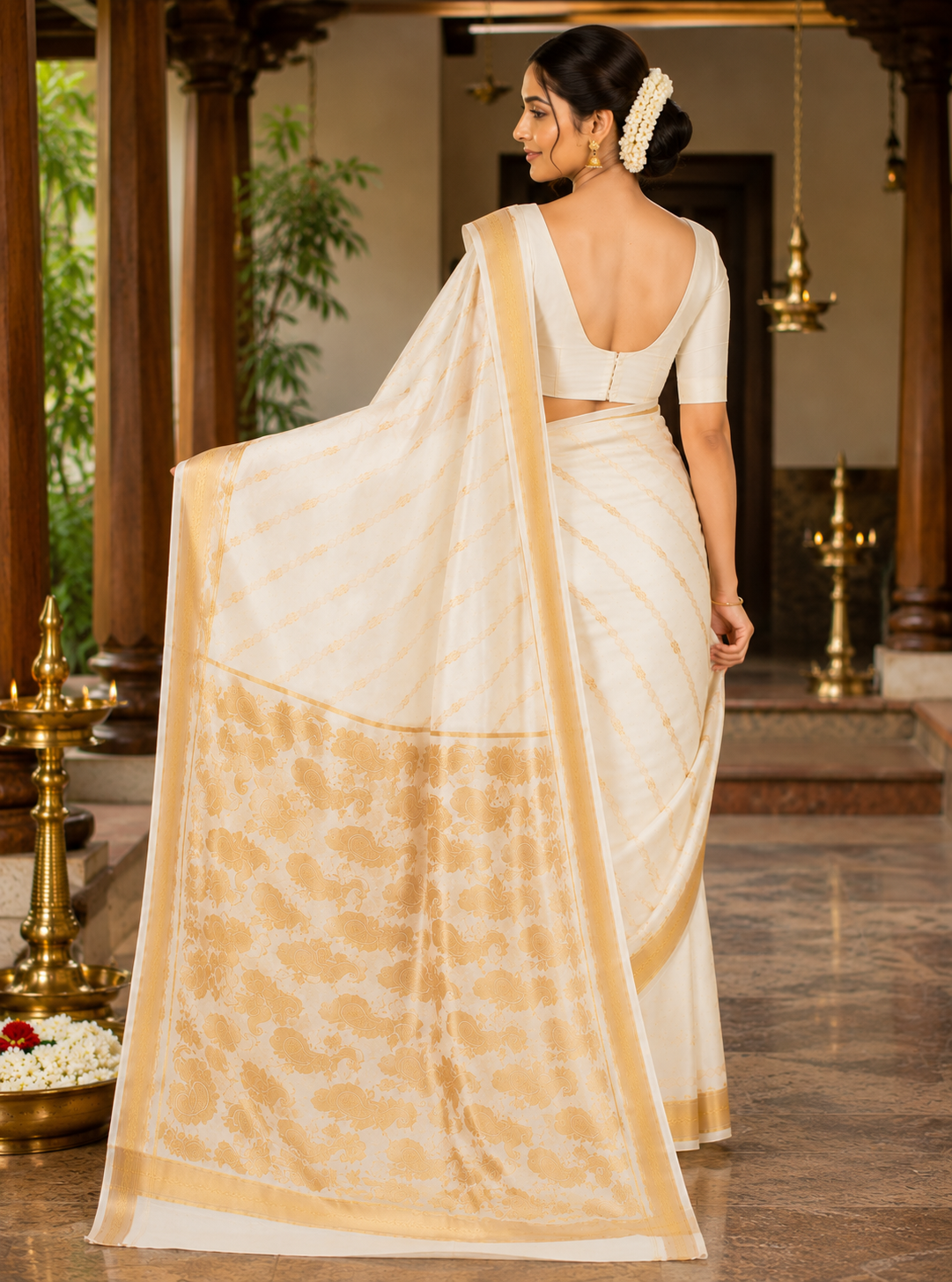 MIRA Women's Premium Cotton Silk Blend Saree | Ivory Gold Peacock Zari Pallu | Heritage Wedding Saree with Unstitched Blouse Piece
