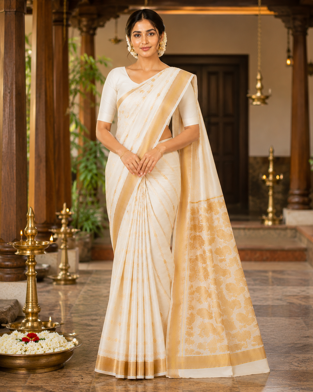 MIRA Women's Premium Cotton Silk Blend Saree | Ivory Gold Peacock Zari Pallu | Heritage Wedding Saree with Unstitched Blouse Piece