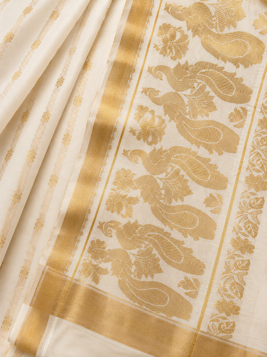 MIRA Women's Premium Cotton Silk Blend Saree | Ivory Gold Peacock Zari Pallu | Heritage Wedding Saree with Unstitched Blouse Piece