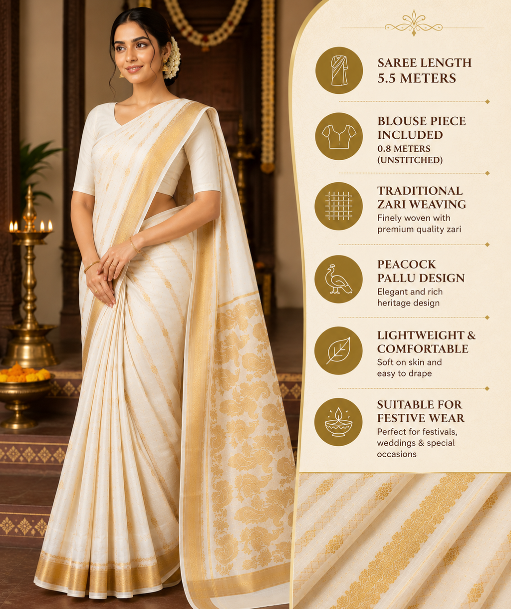 MIRA Women's Premium Cotton Silk Blend Saree | Ivory Gold Peacock Zari Pallu | Heritage Wedding Saree with Unstitched Blouse Piece