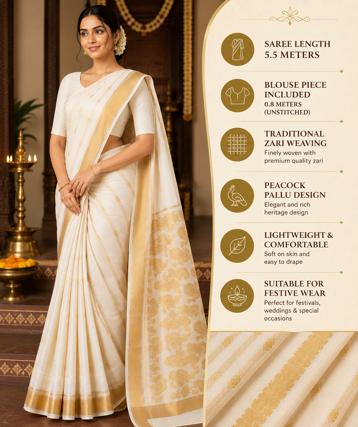 MIRA Women's Premium Cotton Silk Blend Saree | Ivory Gold Peacock Zari Pallu | Heritage Wedding Saree with Unstitched Blouse Piece