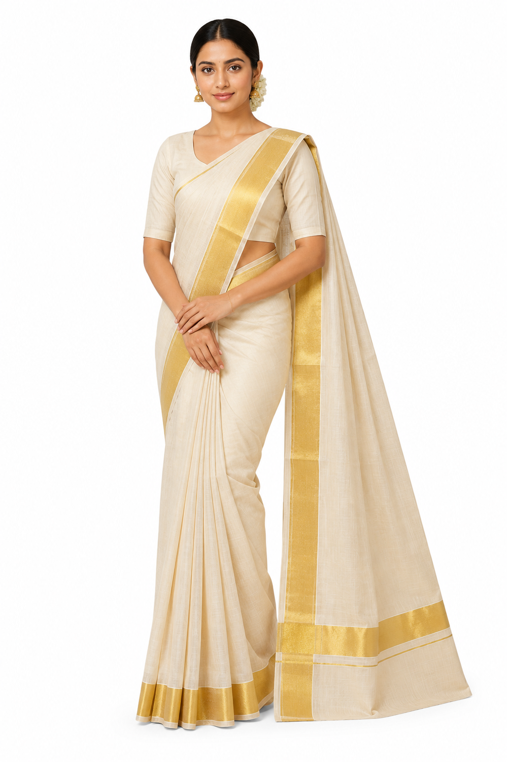 MIRA Women's Cotton Silk Blend Saree | Ivory Gold Peacock Motif Heritage Zari Pallu with Unstitched Blouse Piece