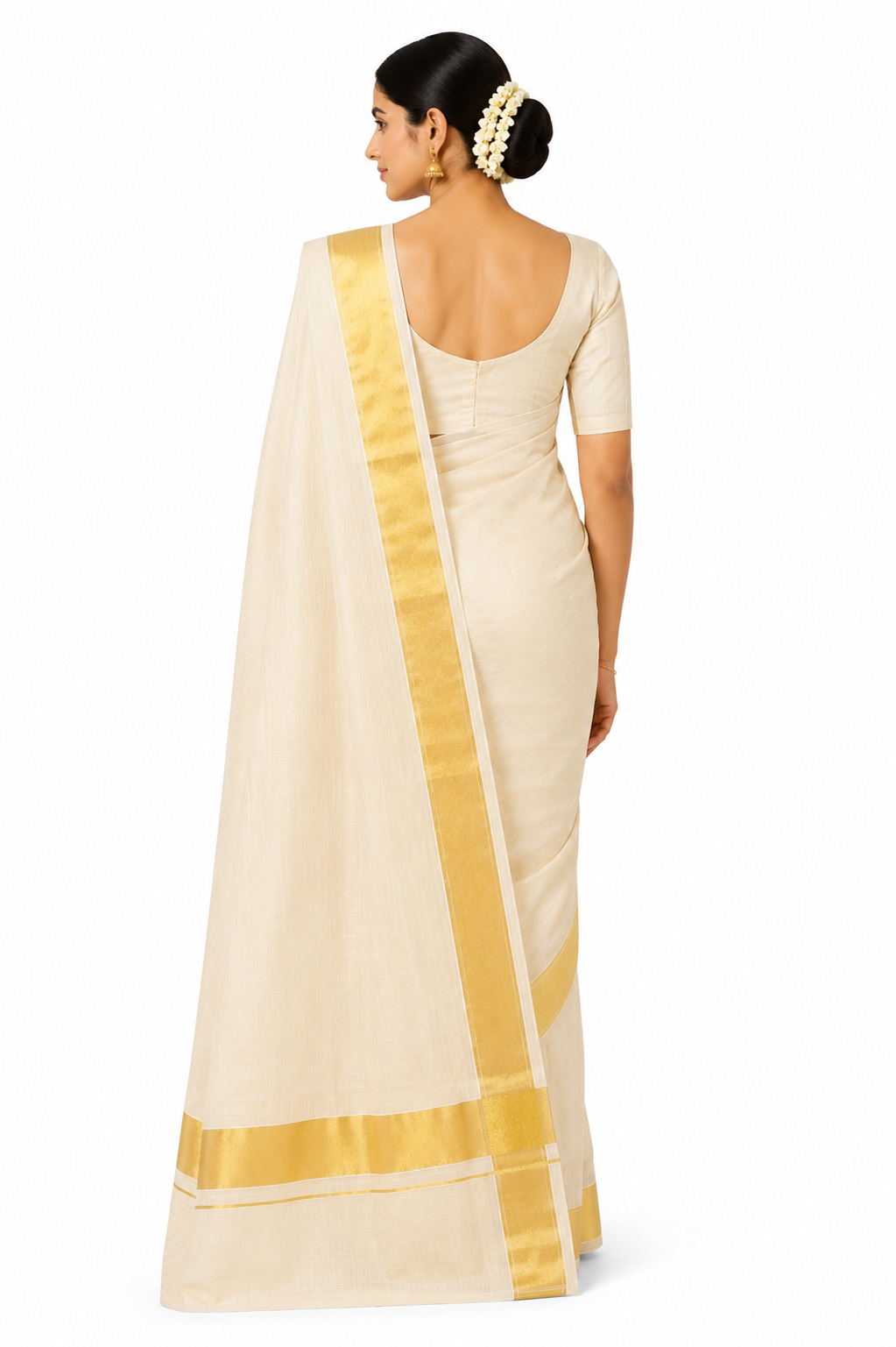MIRA Women's Cotton Silk Blend Saree | Ivory Gold Peacock Motif Heritage Zari Pallu with Unstitched Blouse Piece