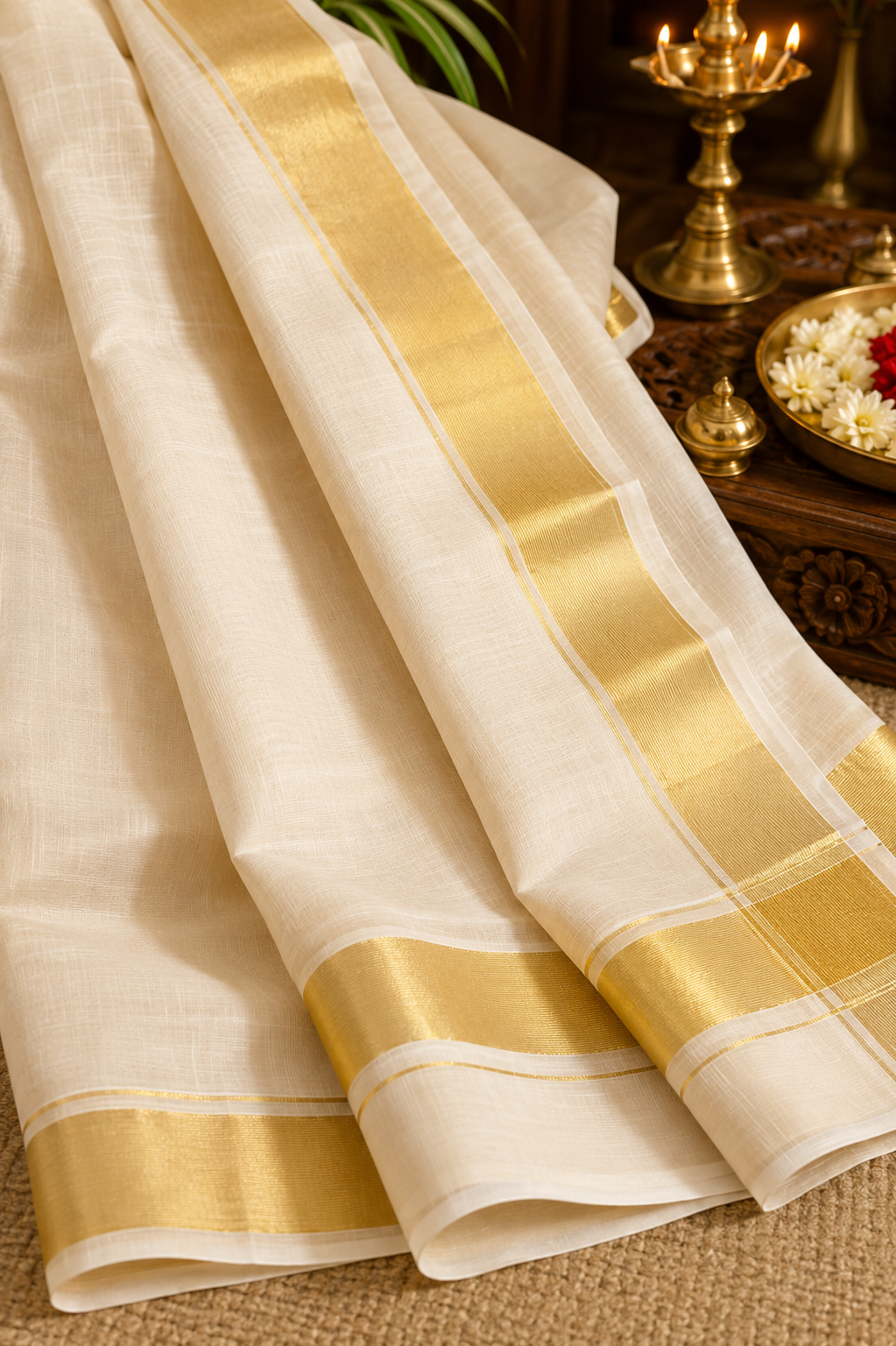 MIRA Women's Cotton Silk Blend Saree | Ivory Gold Peacock Motif Heritage Zari Pallu with Unstitched Blouse Piece