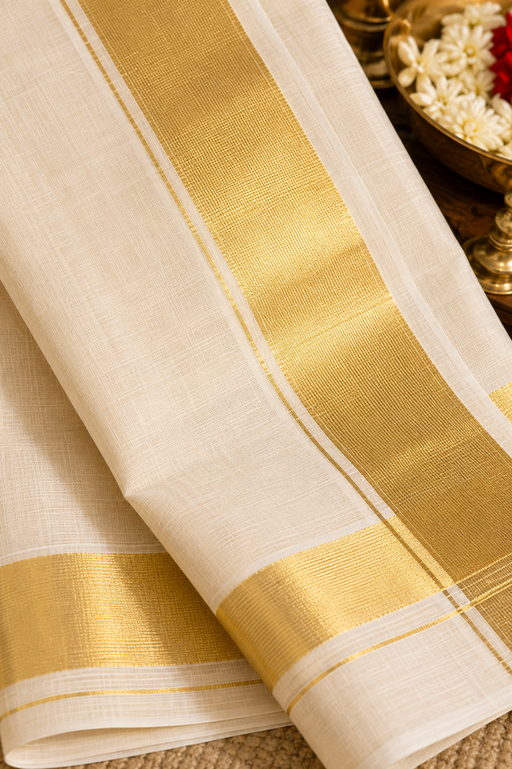 MIRA Women's Cotton Silk Blend Saree | Ivory Gold Peacock Motif Heritage Zari Pallu with Unstitched Blouse Piece