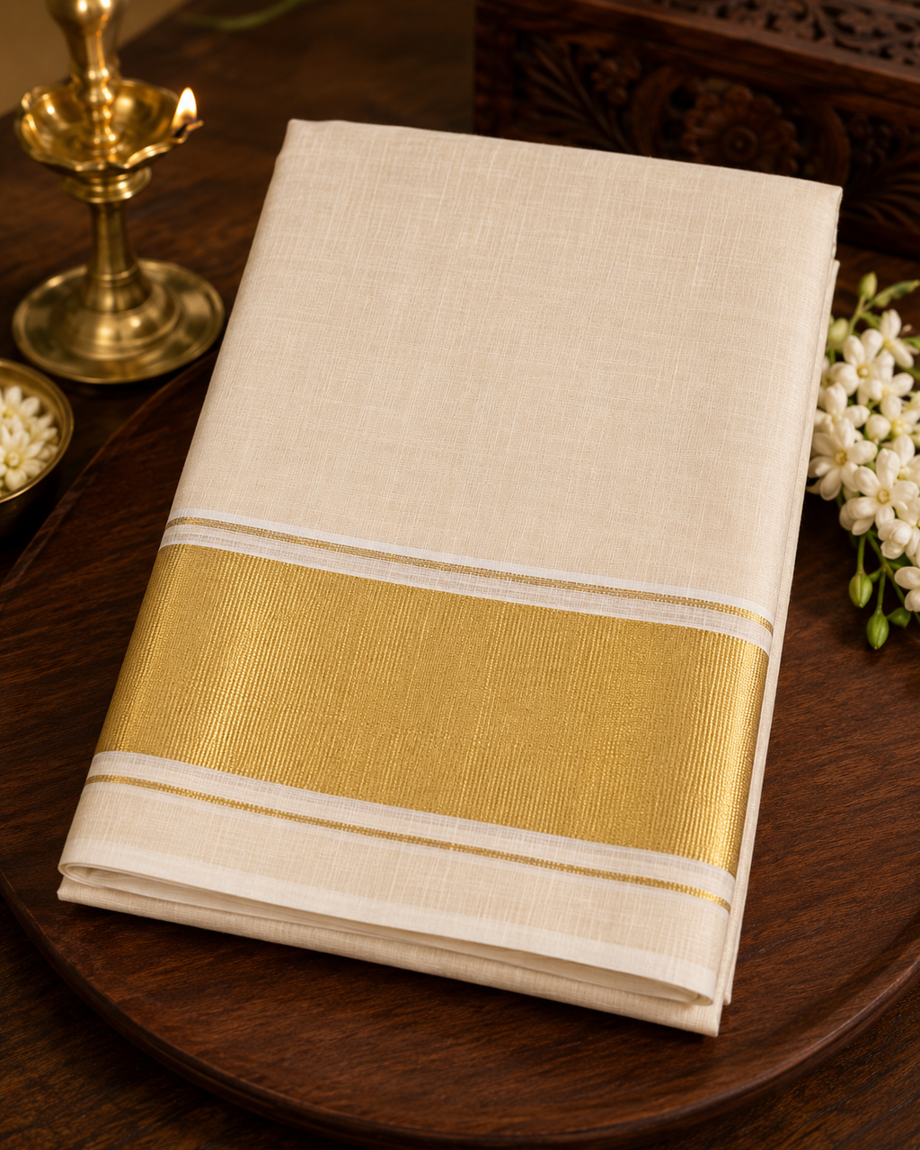 MIRA Women's Cotton Silk Blend Saree | Ivory Gold Peacock Motif Heritage Zari Pallu with Unstitched Blouse Piece