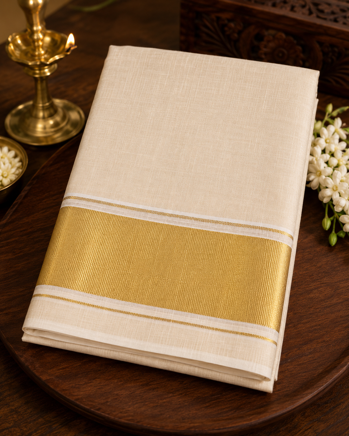 MIRA Women's Cotton Silk Blend Saree | Ivory Gold Peacock Motif Heritage Zari Pallu with Unstitched Blouse Piece