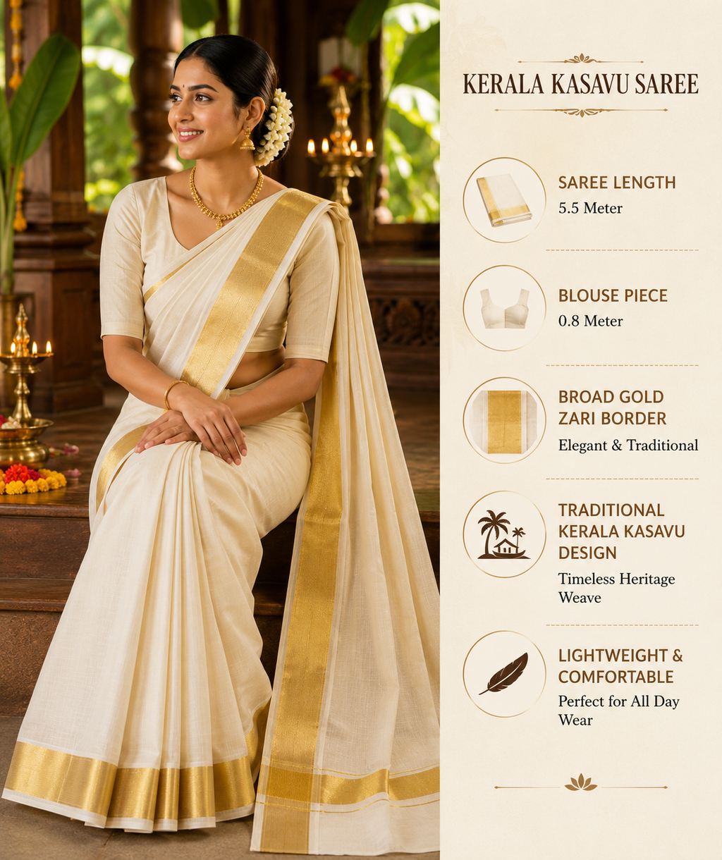 MIRA Women's Cotton Silk Blend Saree | Ivory Gold Peacock Motif Heritage Zari Pallu with Unstitched Blouse Piece