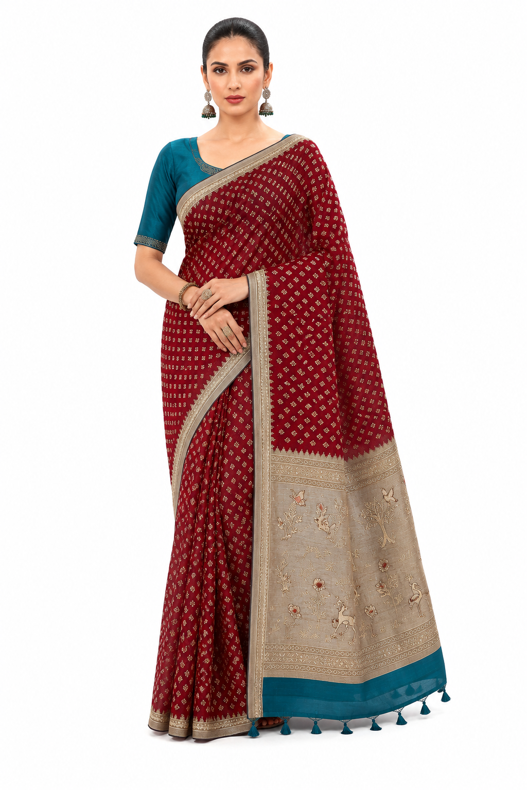 Women's Woven Mul Cotton Saree with Premium Raw Silk Pallu & Contrast Zari Border | Unstitched Blouse Piece