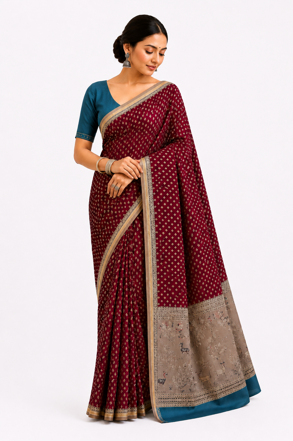 Women's Woven Mul Cotton Saree with Premium Raw Silk Pallu & Contrast Zari Border | Unstitched Blouse Piece