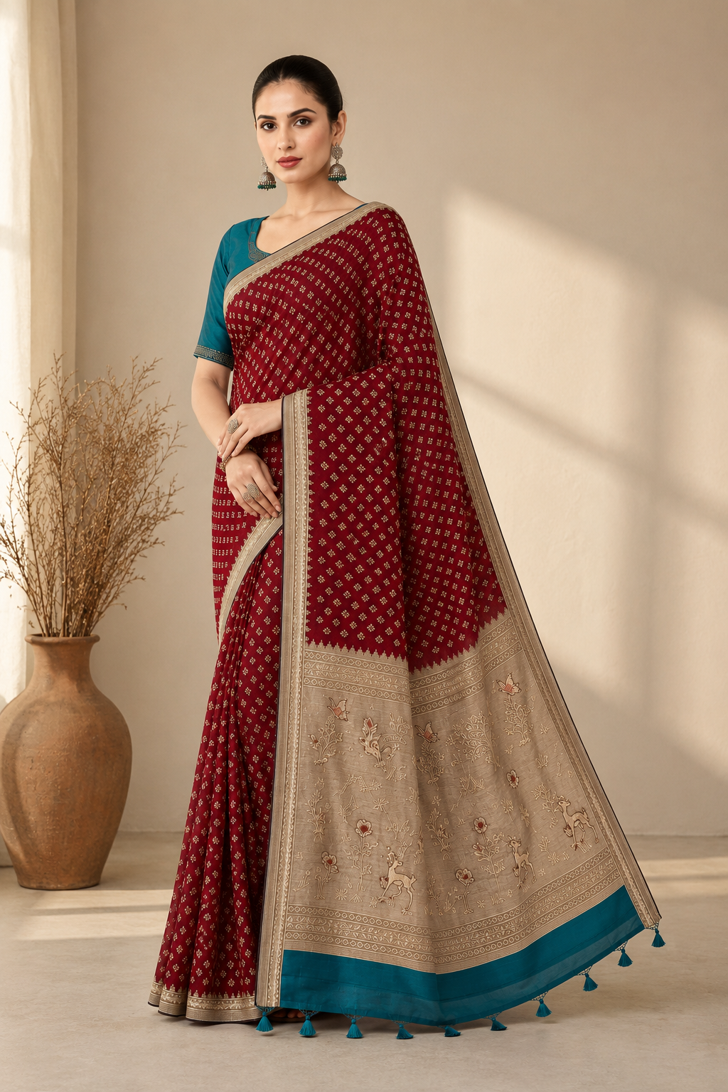 Women's Woven Mul Cotton Saree with Premium Raw Silk Pallu & Contrast Zari Border | Unstitched Blouse Piece