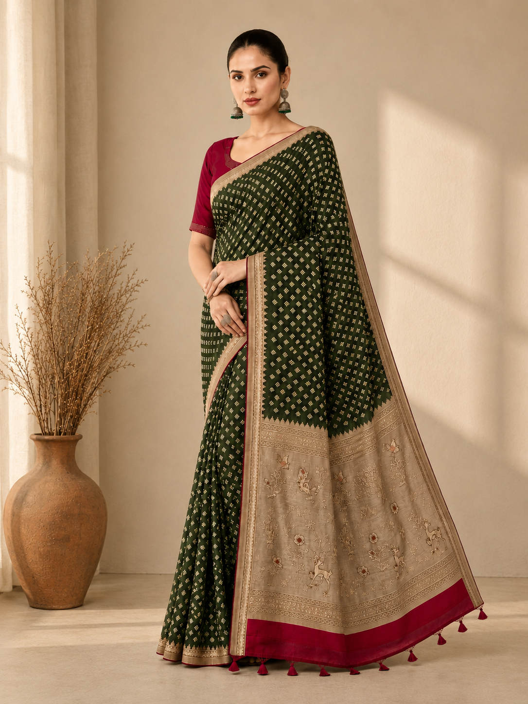 Women's Woven Mul Cotton Saree with Premium Raw Silk Pallu & Contrast Zari Border | Unstitched Blouse Piece