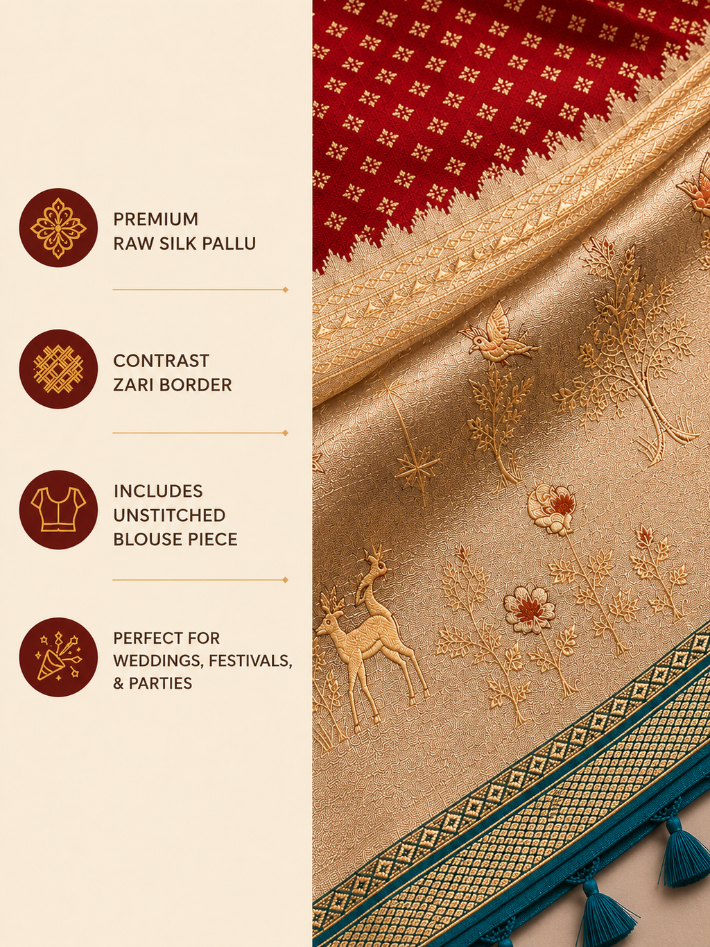 Women's Woven Mul Cotton Saree with Premium Raw Silk Pallu & Contrast Zari Border | Unstitched Blouse Piece
